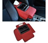JSCARLIFE Auto Center Console Armrest Pillow, PU Leather Car Armrest Cushion Memory Foam Armrest Box with Cup Holder,Storage Box Universal Car Armrest Box Cover Protector for Most Cars (Red)