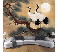 JSCWDET 3D Panoramic Custom Wallpaper Mural Brown,Chinese Painting,Pine Trees Cranes Effect, 250 × 175 Cm 3D Wall Sticker Poster Decoration