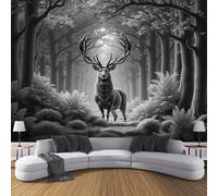 JSCWDET 3D Panoramic Custom Wallpaper Mural Grey,Ancient Forest Landscape,Majestic Animal Stag Design Effect, 150×105 cm 3D Wall Sticker Poster Decoration