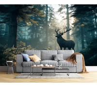 JSCWDET Ancient Forest Wallpaper Mural, 3D Majestic Animals Deer Photo Wallpaper,250 × 175 Cm Silk Cloth Wall Art Roll Wallpapers for Wall Covering,Blue