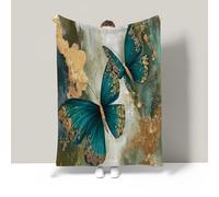 JSCWDET Artistic Style Blanket,Blue-Green Soft Fleece Flannel Throw Blanket Lightweight Cute Comfy Warm Gold Foil Butterfly Design Blankets For Couch Sofa Bed Office 87"×94"