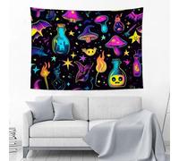 JSCWDET Cartoon Style Tapestry Wall Hanging Mushrooms Bats Witchcraft Icons Tapestries Aesthetic For Bedroom Living Room College Dorm Wall Tapestry Decor Backdrop 200L×150Wcm