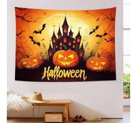 JSCWDET Cartoon Style Text Tapestry,Scary Pumpkins Houses Tapestries Wall Hangings Bedroom Living Room Dorm, 230Lx180Wcm