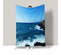 JSCWDET Coastal Scenery Blanket, Soft Fleece Flannel Throw Blanket Lightweight Comfy Warm Open Ocean Blankets For Couch Sofa Bed Office Dark Blue 87"×94"