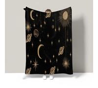 JSCWDET Cosmic Celestial Theme Blanket Warm King Size Super Soft Blanket Black Soft Anti-pilling Flannel For Adults & Kids 3D Golden Stars Moon Planets Design Print (87"×94")