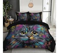 JSCWDET Cute Cat Illustration Duvet Set - Reversible Graffiti Style Portrait Bedding, Ultrasoft Brushed Microfiber Duvet Cover with Zip Fastening, Machine Washable (Black - Double)