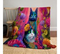 JSCWDET Cute Cat In The Garden Fleece Blanket 30"×40"- Fantasy Art Style Home Flannel Fleece Soft Warm Plush Throw Blanket For Bed/Couch/Sofa/Office/Camping,Reddish Purple