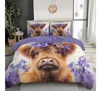 JSCWDET Cute Little Highland Cow Single Cover Set - Bluebell Plant Bedding Set With Pillowcase - Quilt Cover With Zipper For Kids Adults - Purple