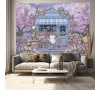 JSCWDET Fairy Tale Illustration Style Tapestry Wall Hanging Flower Shop White Cat Elements Tapestries Aesthetic For Bedroom Living Room College Dorm Wall Tapestry Decor Backdrop 150×130cm