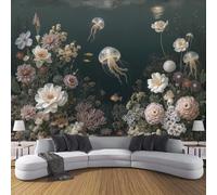 JSCWDET Fantasy Underwater Scene Wallpaper Mural, 3D Marine Life Coral Reef Elements Photo Wallpaper,300×210 cm Silk Cloth Wall Art Roll Wallpapers for Wall Covering,Dark Green