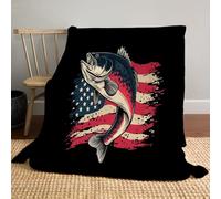 JSCWDET Fish Illustration Fleece Blanket 59"×79"- Vintage American Flag Home Flannel Fleece Soft Warm Plush Throw Blanket For Bed/Couch/Sofa/Office/Camping,Ink Black