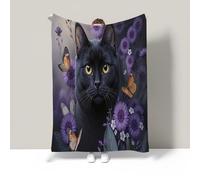 JSCWDET Fleece Throw Blanket for Bed, Soft Warm Cosy Purple Flowers Black Cat Throws for Sofas Large Lightweight Watercolor Style Picnic Fleece Blanket Single Throws, 30"×40",Purple