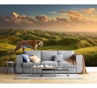 JSCWDET Green Field Wallpaper Mural, 3D Grass Tiger Photo Wallpaper,300 × 210 Cm Silk Cloth Wall Art Roll Wallpapers for Wall Covering,Green