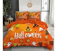 JSCWDET Halloween Illustration Duvet Cover Pumpkin Bat Elements Bedding Set, Soft Reversible Lightweight Bedding Sets with Zipper Closure (200×200cm,Orange)