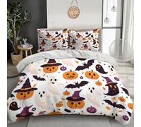 JSCWDET Halloween Theme Duvet Cover Cartoon Pumpkin Ghost Pattern Bedding Set, Soft Reversible Lightweight Bedding Sets with Zipper Closure (220×260cm,White)