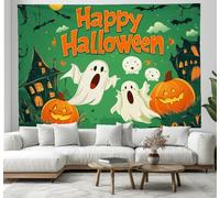 JSCWDET Haunted Mansion Illustration Halloween Pumpkin Ghost Print Wall hanging Bedding Tapestry (Green,150L×100Wcm)