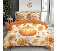 JSCWDET Light Orange Duvet Cover Set Bed Watercolor Pumpkin Pattern Microfiber Bedding Set Reversible Sunflowers Autumn Leaves Design Quilt Cover with Zipper Closure Pillowcase 51x75 cm