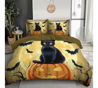 JSCWDET Light Yellow Duvet Cover Set Bed Halloween Theme Microfiber Bedding Set Reversible Black Cat Pumpkin Illustration Quilt Cover with Zipper Closure Pillowcase 51x75 cm