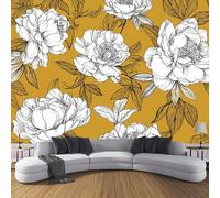 JSCWDET Line Art Illustration Wallpaper Mural, 3D Hand-Painted Peony Leaf Pattern Photo Wallpaper,200 × 140 Cm Silk Cloth Wall Art Roll Wallpapers for Wall Covering,Mustard Yellow