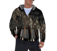 JSCWDET Mens Thick Hooded,Piano Keys Gold Musical Symbol Pattern Fleece Lined Padded Jacket Hoodie,Artistic Style Full Zip Menswear Warm Outdoor Coat S-5XL,Black