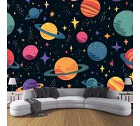 JSCWDET Mural Wallpaper Cartoon Space Planets Wall Mural Decoration Planet Symbols Poster Picture Photo Wallpaper 350 × 256 Cm Wall Paper for Home Living Room Kids Bedroom Deco Dark Blue