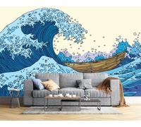 JSCWDET Mural Wallpaper Hokusai Style Wall Mural Decoration Giant Wave Cartoon Poster Picture Photo Wallpaper 400 × 280 Cm Wall Paper for Home Living Room Kids Bedroom Deco Blue