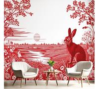 JSCWDET Mural Wallpaper Paper-Cut Style Wall Mural Decoration Plants Flowers Rabbit Patterns Poster Picture Photo Wallpaper 350×256 cm Wall Paper for Home Living Room Kids Bedroom Deco Red