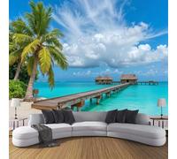 JSCWDET Mural Wallpaper Tropical Beach Scene Wall Mural Decoration Tall Palm Trees Poster Picture Photo Wallpaper 150 × 105 Cm Wall Paper for Home Living Room Kids Bedroom Deco Blue