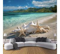 JSCWDET Mural Wallpaper Tropical Beach Wall Mural Decoration White Conch Starfish Poster Picture Photo Wallpaper 400 × 280 Cm Wall Paper for Home Living Room Kids Bedroom Deco Blue