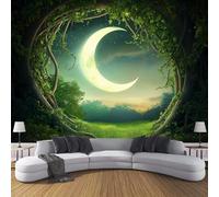 JSCWDET Natural Forest Scenery 3D Wallpaper Roll Mural Mysterious Woods Crescent Moon Wallcoverings for Bedroom Living Room Tv Backdrop 300 × 210 Cm,Emerald Green
