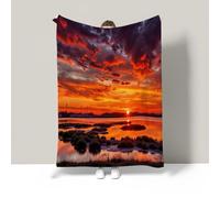 JSCWDET Nature Landscape Blanket,Deep Red Soft Fleece Flannel Throw Blanket Lightweight Cute Comfy Warm Sunset Lake Scene Blankets For Couch Sofa Bed Office 87"×94"