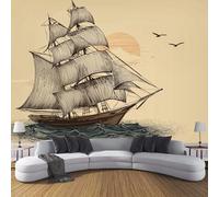 JSCWDET Nautical Theme Wallpaper Mural, 3D Hand-Painted Vintage Sailboat Photo Wallpaper,450 × 315 Cm Silk Cloth Wall Art Roll Wallpapers for Wall Covering,Beige