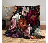 JSCWDET Oil Painting Style Blanket,Burgundy Red Soft Fleece Flannel Throw Blanket Lightweight Cute Comfy Warm Rose Peony Pattern Blankets For Couch Sofa Bed Office 87"×94"