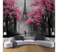 JSCWDET Paris Street Scene Wallpaper Mural, 3D Pink Cherry Blossoms Photo Wallpaper,200 × 140 Cm Silk Cloth Wall Art Roll Wallpapers for Wall Covering,Black