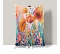 JSCWDET Pastoral Flowers Blanket,Orange Color Soft Fleece Flannel Throw Blanket Lightweight Cute Comfy Warm Watercolor Poppy Illustration Blankets For Couch Sofa Bed Office 59"×79"