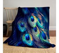 JSCWDET Peacock Feather Texture Fleece Blanket 71"×87"- Majestic Bird Pattern Home Flannel Fleece Soft Warm Plush Throw Blanket For Bed/Couch/Sofa/Office/Camping,Dark Blue