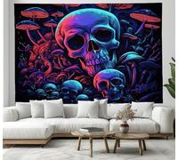 JSCWDET Psychedelic Black Light Painting Tapestry Skull Mushroom Illustrations Wall Hanging Backdrop Wall Art Powder Blue Home Decor for Bedroom Living Room Aesthetic 150×150cm