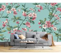 JSCWDET Retro Floral Pattern Wall Mural Light Blue Photo Wallpaper Mural 400 × 280 Cm, Pink Flowers Green Leaves Photo Murals Decor for Living Room, Bedroom, Office and Kids Room, Easy to Install