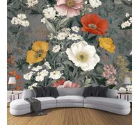 JSCWDET Retro Floral Pattern Wallpaper Mural, 3D Poppy Print Photo Wallpaper,300 × 210 Cm Silk Cloth Wall Art Roll Wallpapers for Wall Covering,Grey
