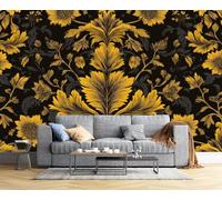 JSCWDET Rococo Style Wallpaper Mural, 3D Yellow Flowers Photo Wallpaper,250 × 175 Cm Silk Cloth Wall Art Roll Wallpapers for Wall Covering,Black