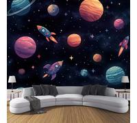 JSCWDET Space Sci-Fi Style Photo Wallpaper Rocket Planet Illustration Wall Mural Silk Wall Décor Art Poster Picture Design for Living Room Bedroom Dorm Décor 150×105 cm,Navy Blue
