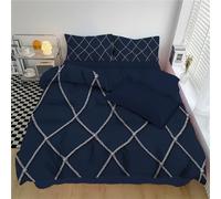 JSCWDET Super Soft Geometric Diamond Grid Quilt Cover Bedset For King, Silver Line Design Duvet Cover Set With Pillowcases,Reversible Light Weight Bedding Set, Dark Blue