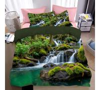 JSCWDET Super Soft Natural Forest Scene Quilt Cover Bedset for Single, Green Moss Waterfall Duvet Cover Set With Pillowcases,Reversible Light Weight Bedding Set, Green