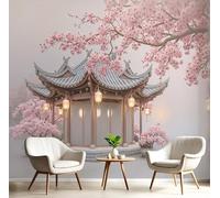 JSCWDET Traditional Chinese Architecture Wallpaper Mural, 3D Ancient Pavilions Cherry Blossom Design Photo Wallpaper,250×175 cm Silk Cloth Wall Art Roll Wallpapers for Wall Covering,Pink