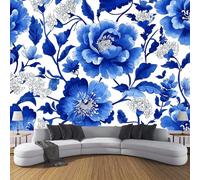 JSCWDET Traditional Chinese Floral Pattern Wall Decals Watercolor Peony Wall Stickers Bedroom Living Room Sofa Tv Background Walls Decor,Indigo,400 × 280 Cm