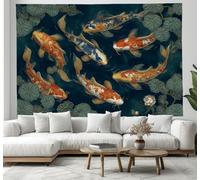 JSCWDET Traditional Chinese Painting Style Tapestry Koi Lotus Leaf Elements Wall Hanging Backdrop Wall Art Dark Green Home Decor for Bedroom Living Room Aesthetic 230×150cm