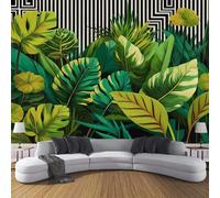 JSCWDET Tropical Jungle Pattern 3D Wallpaper Geometric Stripes Green Leaves Large Mural Bedroom Living Room Tv Background Photo Wall Papers Home Decor,Emerald Green,150 × 105 Cm