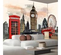 JSCWDET Vintage Art Wallpaper Mural, 3D Big Ben Red Bus Photo Wallpaper,200 × 140 Cm Silk Cloth Wall Art Roll Wallpapers for Wall Covering,Red