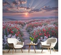 JSCWDET Wall Mural Red Photo Wallpaper Mural 450×315 cm, Sunset Poppy Field Scenery Art Photo Murals Decor for Living Room,Bedroom,Office and Kids Room, Easy to Install