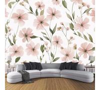 JSCWDET Watercolor Floral Pattern Wall Mural Pink Photo Wallpaper Mural 450 × 315 Cm, Flowers Green Leaves Photo Murals Decor for Living Room, Bedroom, Office and Kids Room, Easy to Install